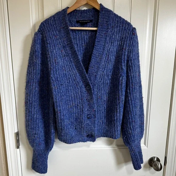 French Connection Knit Cardigan Sweater Puff Sleeve Blue L - Picture 2 of 7
